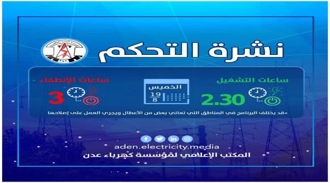 
                     نشرة ساعات التشغيل والإنطفاء المبرمجة لكهرباء العاصمة عدن اليوم الخميس